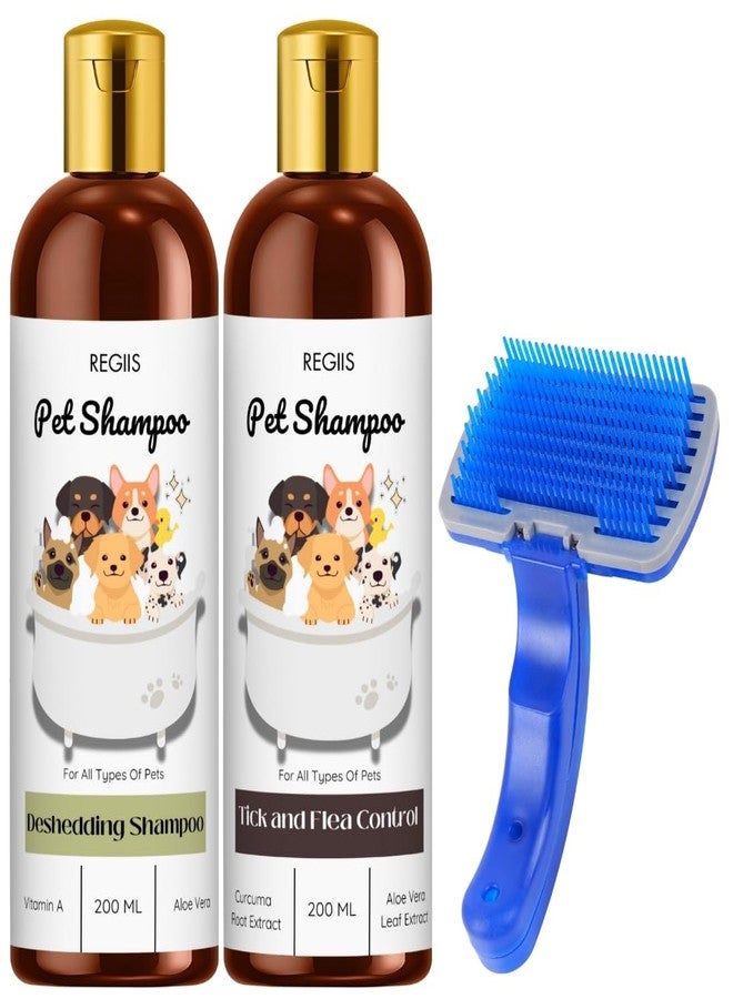 مجموعة شامبو للحيوانات الأليفة، تركيبة لإزالة الشعر الزائد ومكافحة القراد والبراغيث، 200 مل، مع فرشاة تنظيف ذاتية التنظيف لجميع أنواع الحيوانات الأليفة (عبوة من 3 قطع) - Image 1